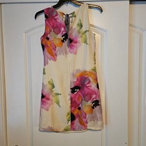 Loft Watercolor Dress Women Size 6 Petite Shift Dress Linen Blend Floral Spring